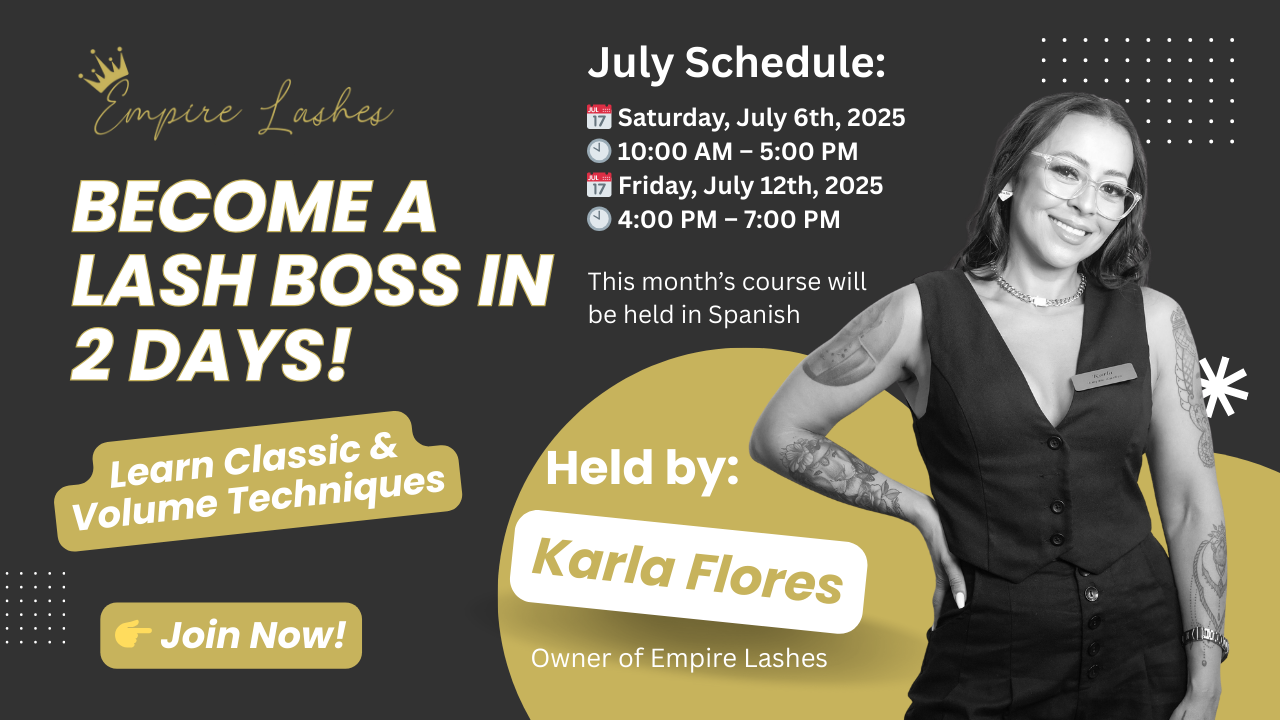 Empire Lashes Waco Tx. Promo graphic for lash tech classes in Waco Texas